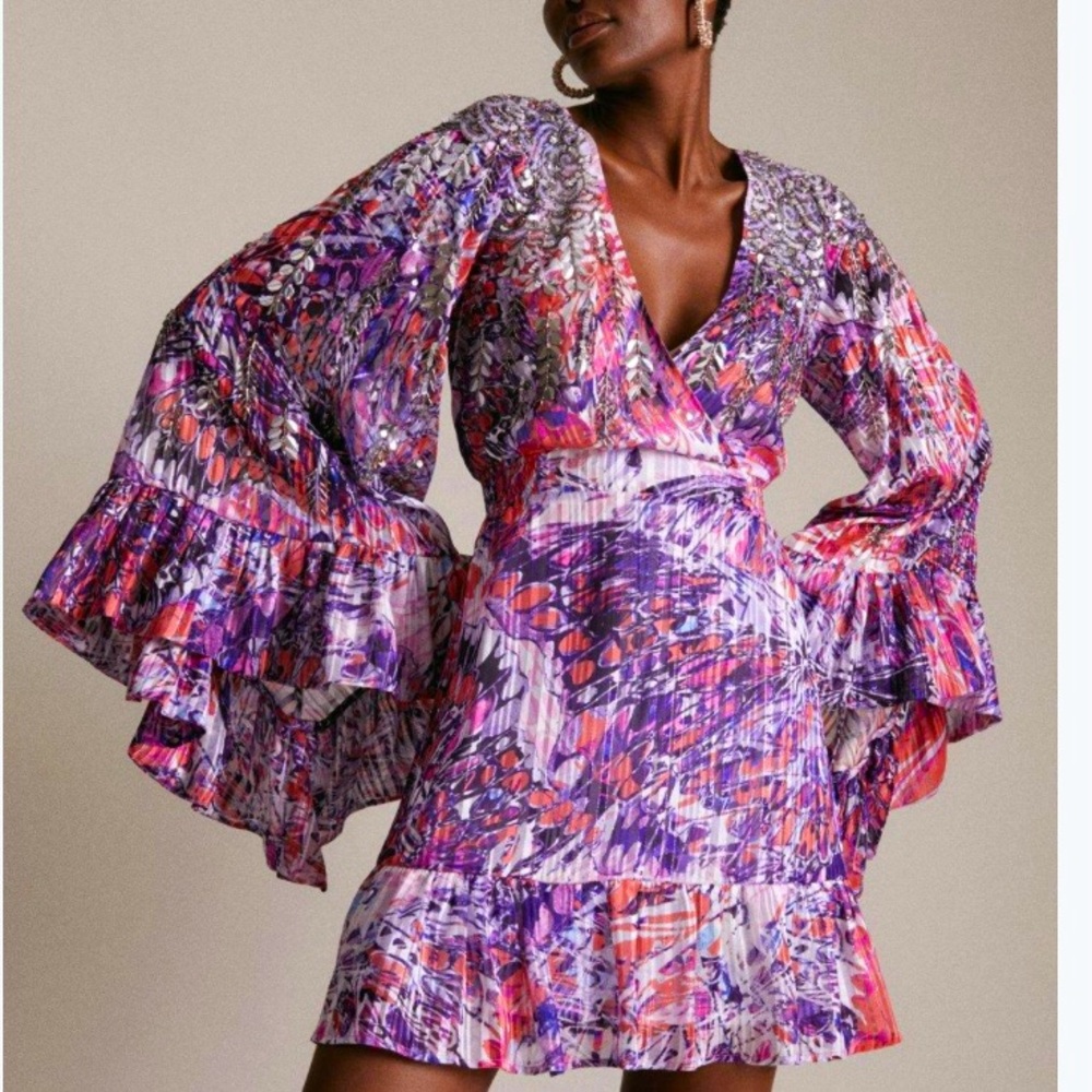 NEW Karen Millen Beaded Embellished Drama Kimono Woven Dress Size 10 Pink Purple - Picture 2 of 15